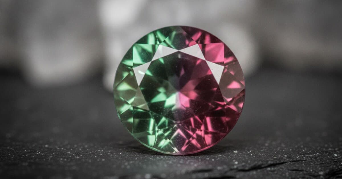 Close-up of a faceted alexandrite gemstone showing its green-to-red color change under different light sources