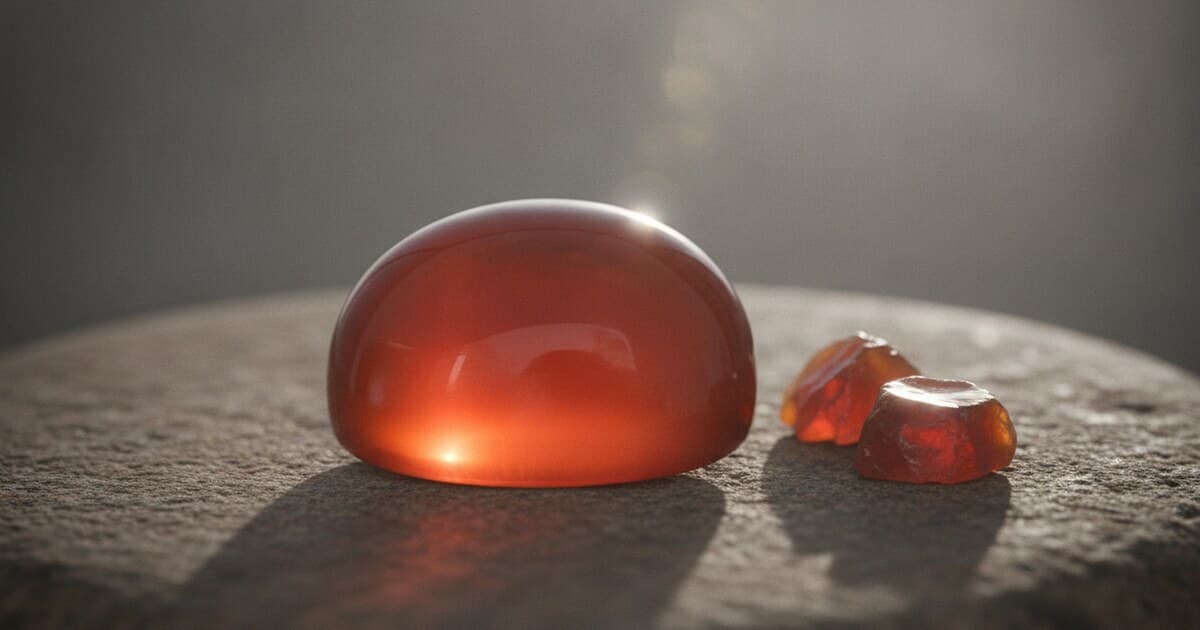 Polished orange-red carnelian cabochon gemstone with raw carnelian fragments on a stone surface