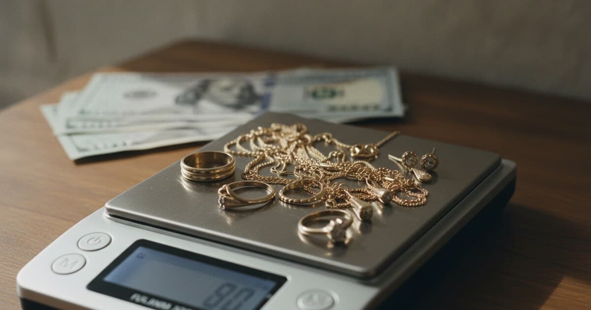 Gold jewelry pieces including rings, chains, and earrings arranged on a jeweler's precision scale with cash bills in the background