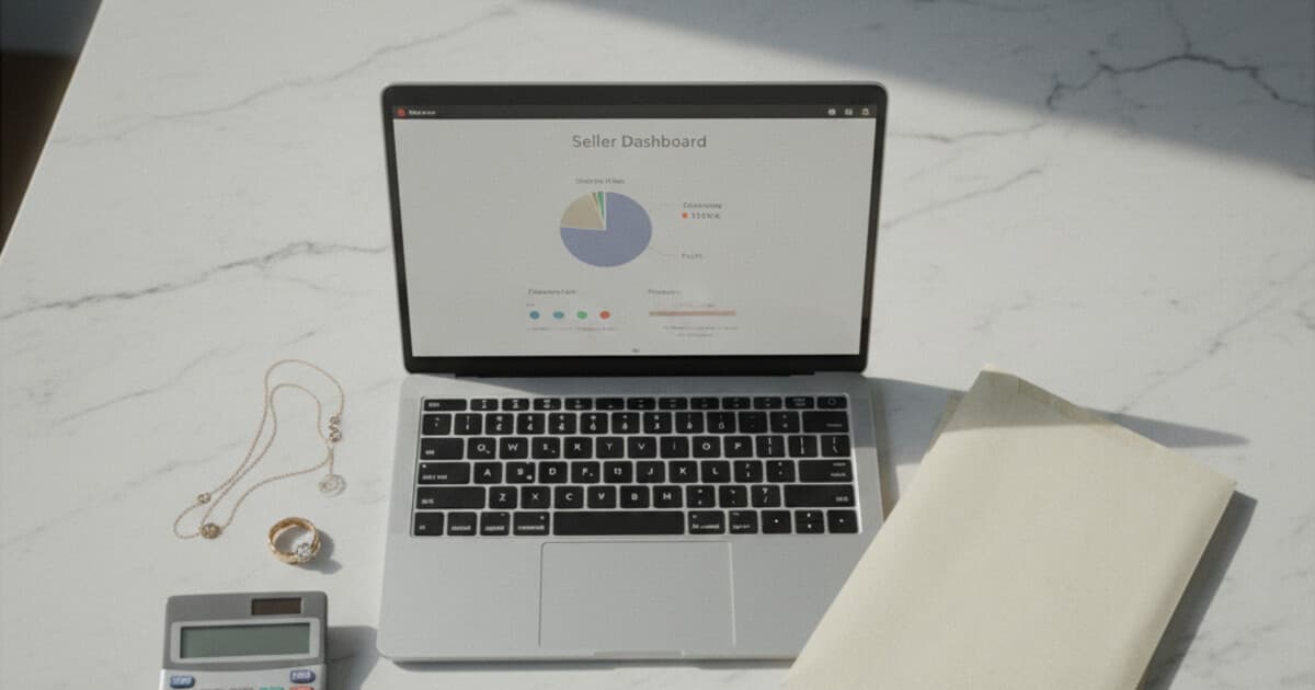 Calculator and gold jewelry pieces next to a laptop showing an eBay seller fee breakdown
