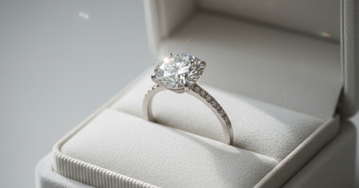Round brilliant-cut diamond engagement ring resting in an open white velvet ring box