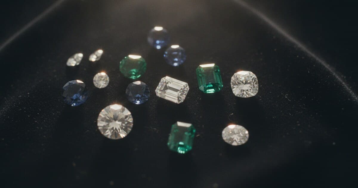 Loose faceted gemstones including round brilliant, emerald cut, and oval cuts arranged on dark velvet, lit to show facet flashes