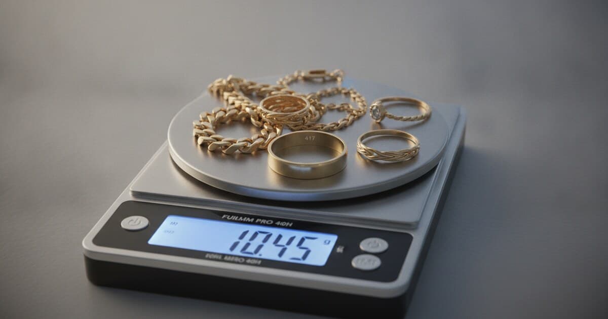 Assorted 10K gold jewelry pieces arranged on a jeweler's precision gram scale showing the 417 hallmark stamp