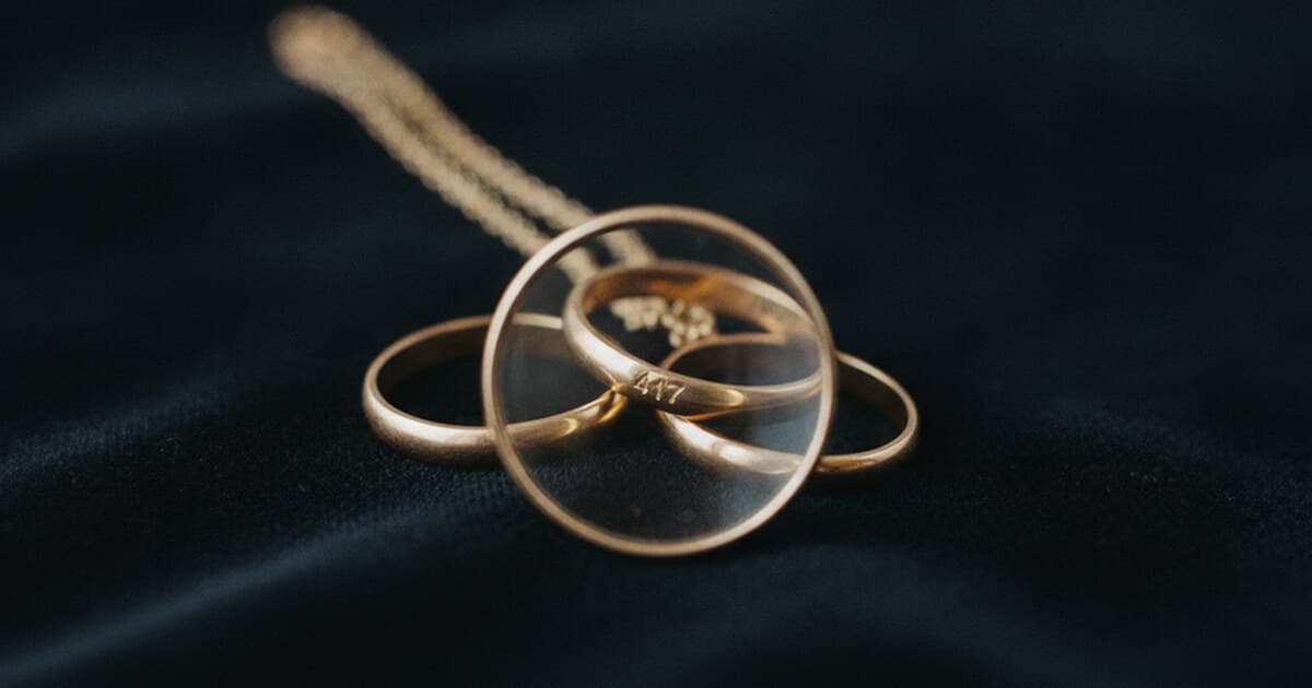 10K gold rings and a necklace on a dark velvet surface with a jeweler's loupe showing the 417 hallmark stamp