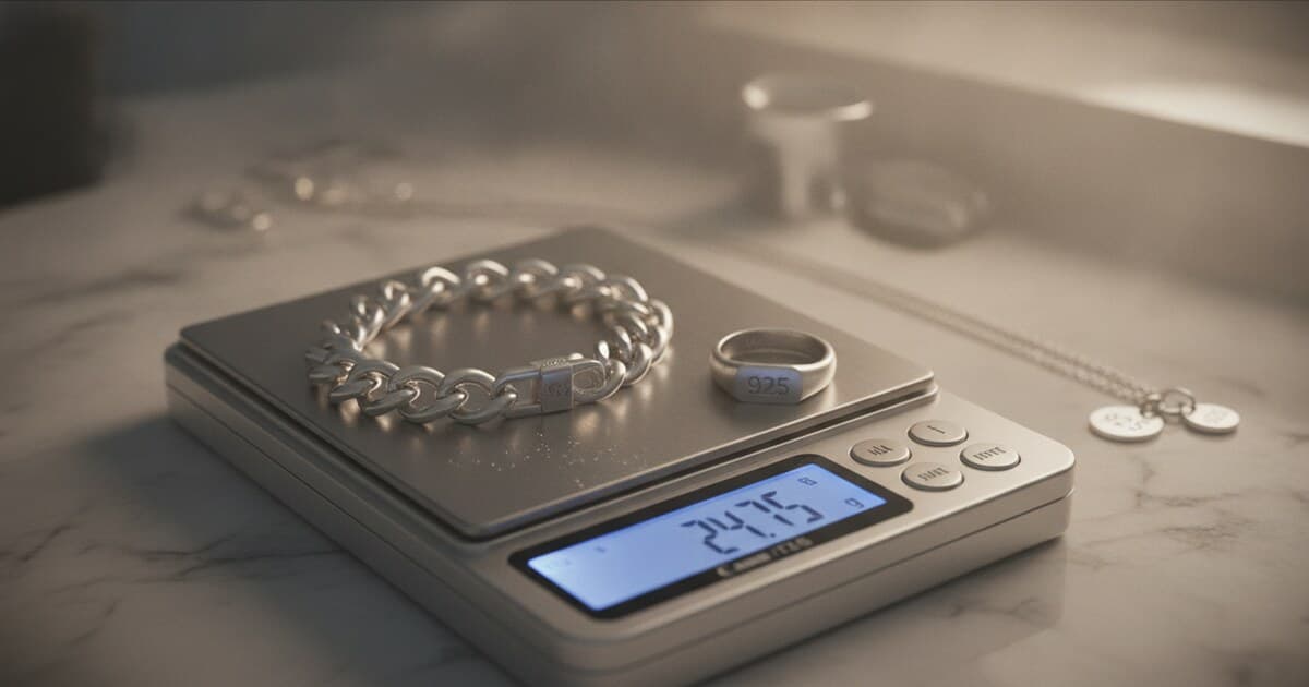 Sterling silver bracelet, ring, and chain arranged on a jeweler's precision gram scale showing 925 hallmark stamps, warm editorial lighting on white marble