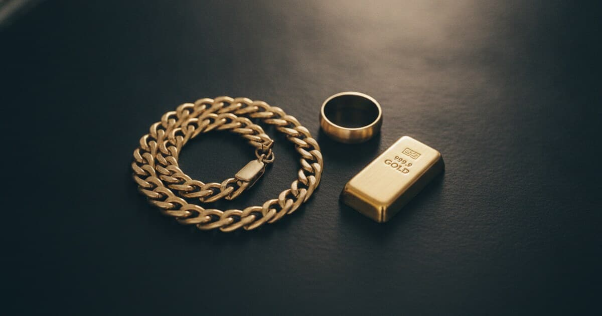Gold jewelry pieces including a chain necklace and ring alongside a small gold bar on a dark matte surface showing warm luster of different karat gold under professional editorial lighting