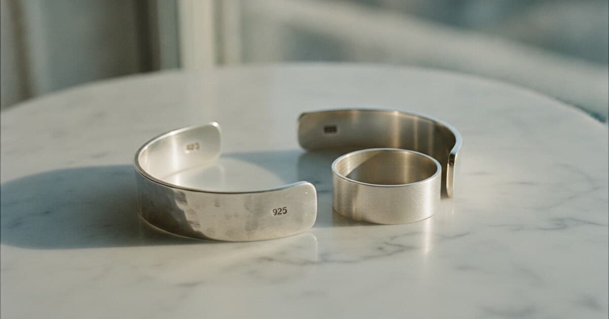 Sterling silver bracelet and ring on white marble with visible 925 hallmark stamps and warm editorial lighting