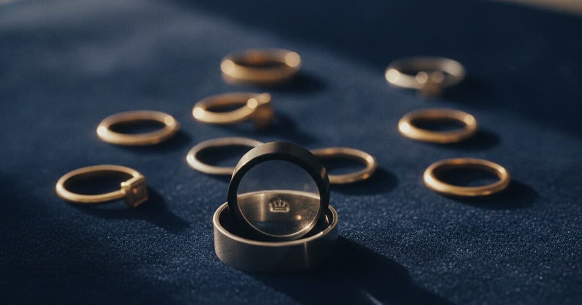 Close-up of jewelry hallmark stamps visible inside gold ring bands, photographed through a jeweler's loupe on dark velvet