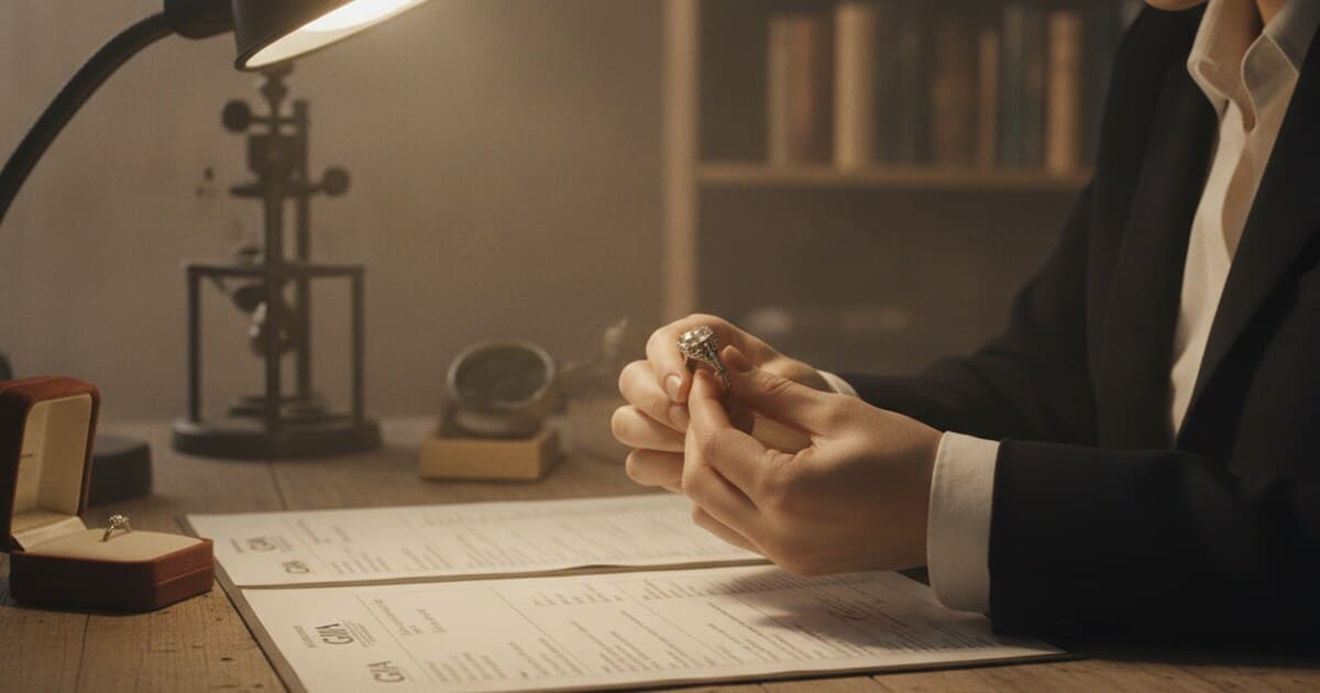 Gemologist examining a diamond ring with a loupe during a jewellery appraisal, with appraisal documents visible on the desk