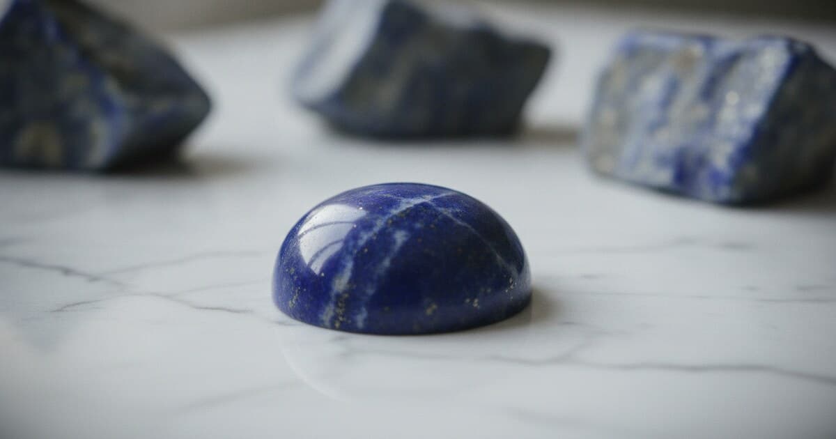 Polished deep blue lapis lazuli cabochon with gold pyrite flecks on white marble surface