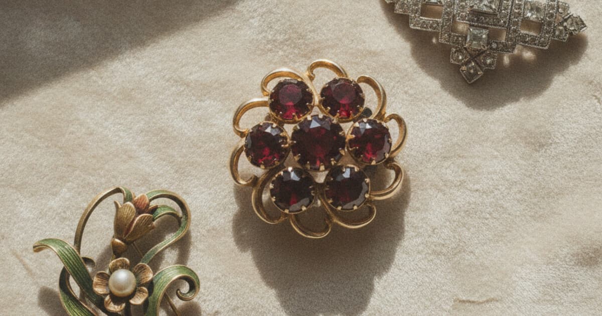 Collection of antique brooches on aged cream velvet showing Victorian garnet cluster, Art Deco geometric pin, and Art Nouveau enamel piece