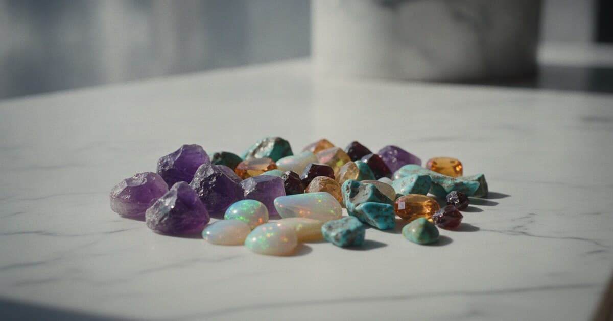 Assortment of semi-precious gemstones including amethyst, opal, turquoise, tourmaline, and topaz on a white surface