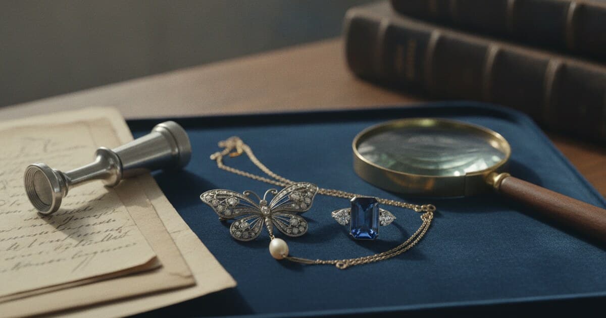 Vintage jewelry pieces laid out on an appraisal table with a jeweler's loupe