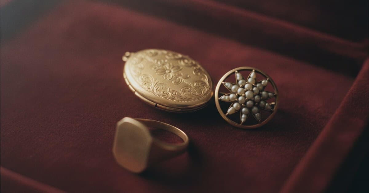 Victorian antique gold jewelry pieces including a locket, brooch, and signet ring arranged on burgundy velvet, showing honey-gold patina and surface texture