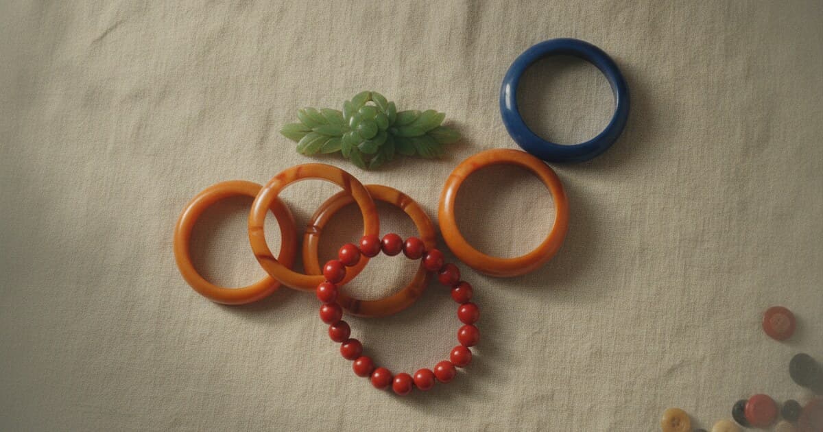 Colorful vintage Bakelite jewelry collection with butterscotch bangles, cherry red beads, and carved green brooch on cream linen