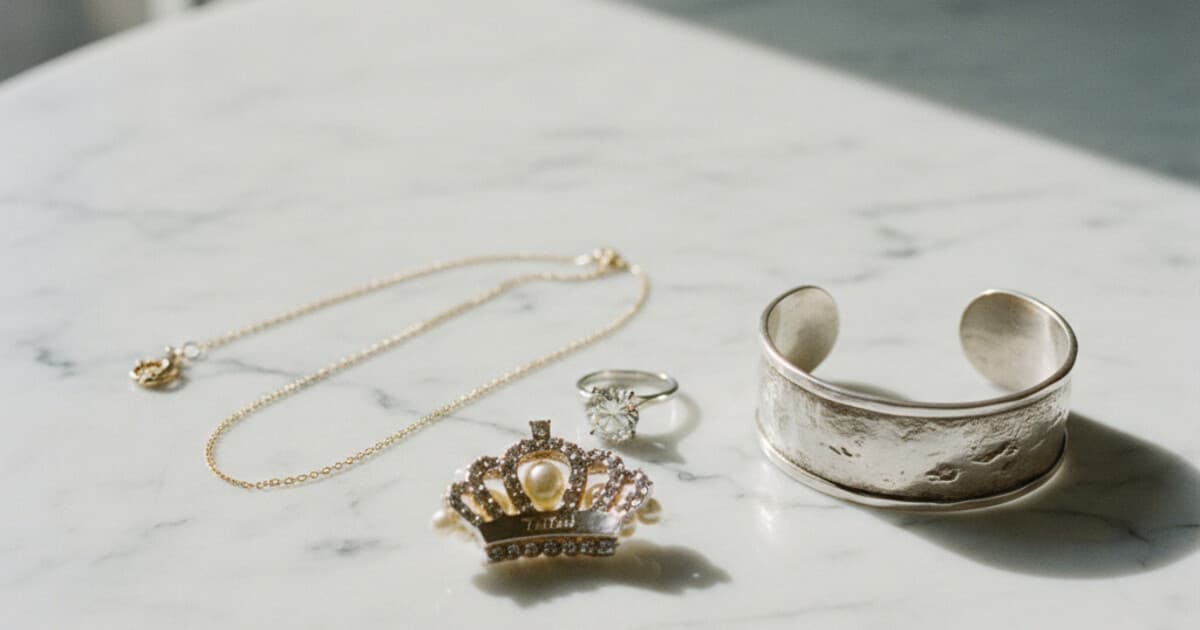 Flat lay of jewelry that sells well on eBay: gold chain, diamond solitaire ring, signed Trifari brooch, and sterling silver cuff on white marble surface