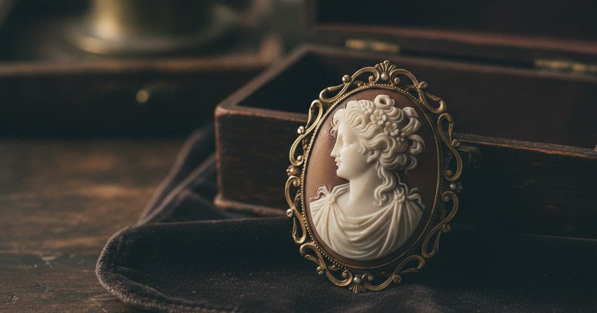 Antique Victorian shell cameo brooch with carved female portrait in gold oval frame