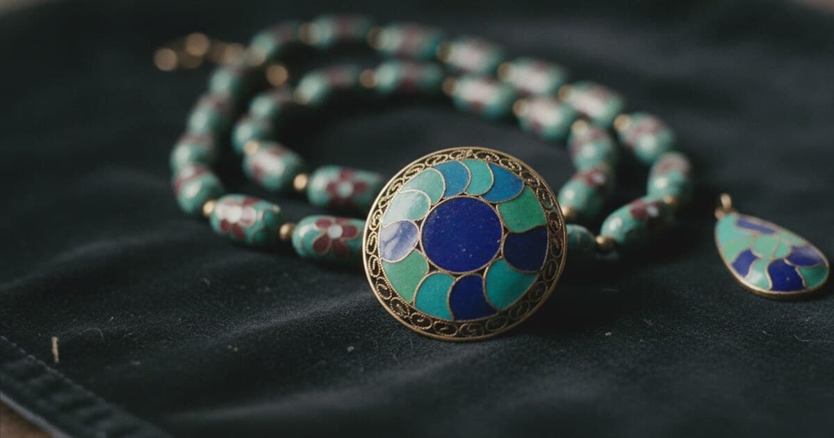 Vintage cloisonné jewelry pieces including a brooch and bead necklace showing vivid teal and cobalt enamel compartments separated by fine gold wire