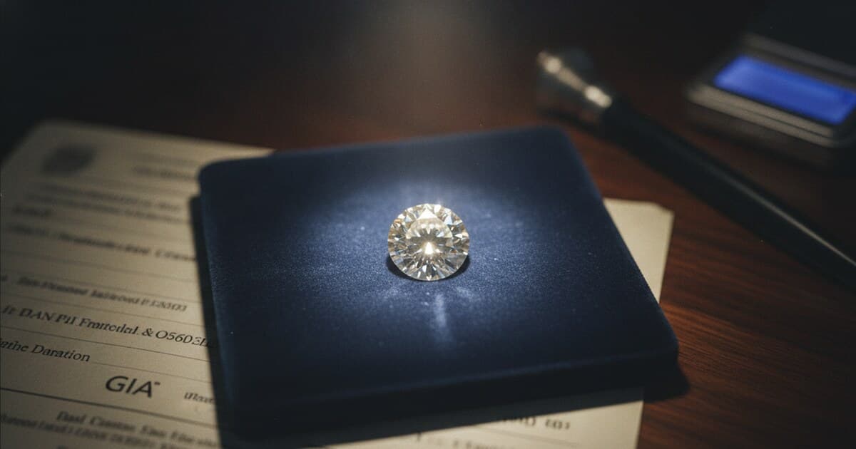Round brilliant diamond on a dark jeweler's velvet pad with a GIA grading report visible underneath, lit with studio spotlighting
