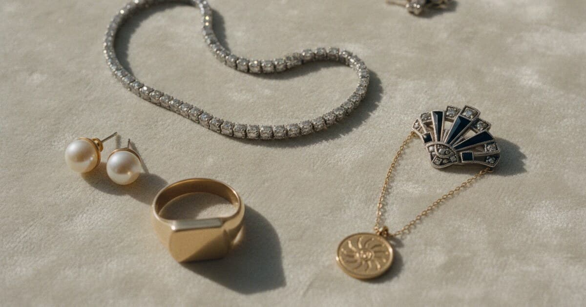 Overhead flat-lay of assorted jewelry pieces on cream velvet including a gold ring, pearl earrings, diamond bracelet, Art Deco brooch, and pendant necklace