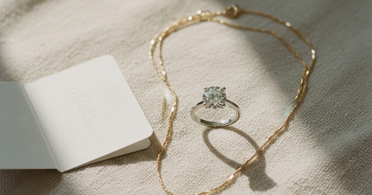 Diamond ring and gold necklace arranged beside an authentication card on a cream linen surface