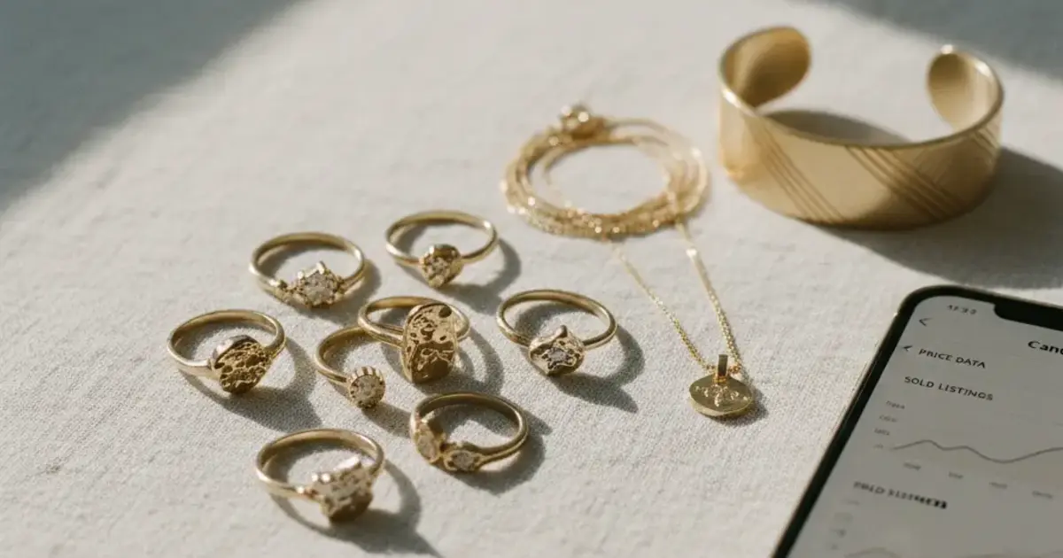 Jewelry pieces with eBay sold price data on screen