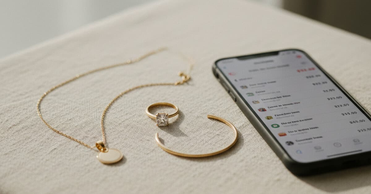 Gold jewelry pieces and a smartphone showing eBay sold price data on a neutral surface