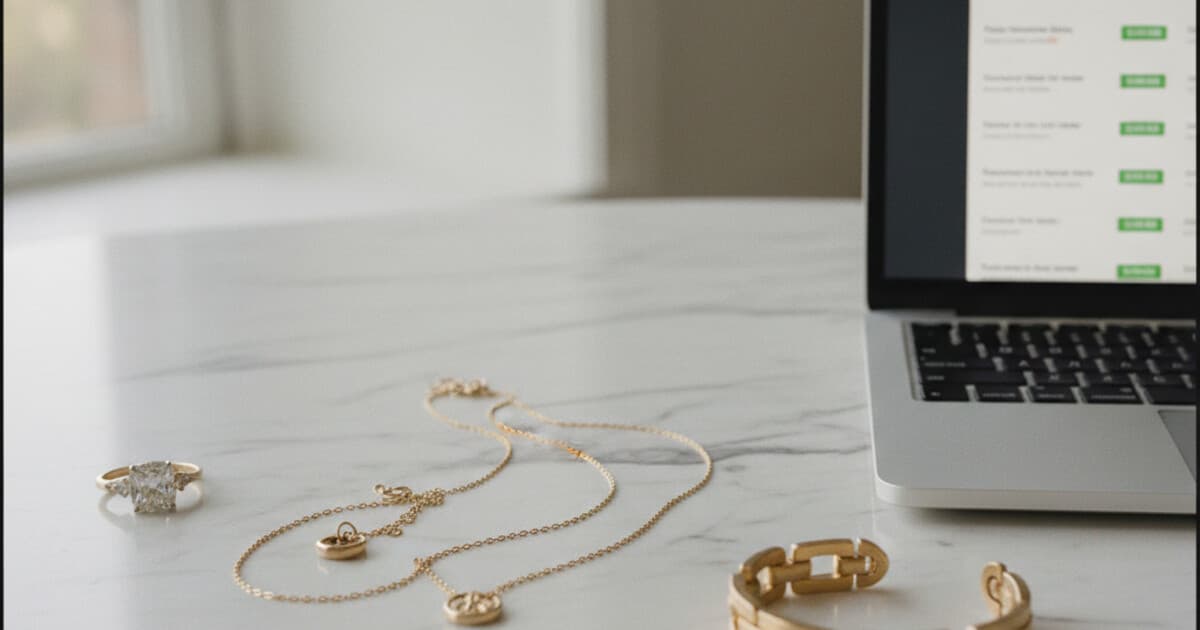Assorted gold jewelry pieces and a diamond ring on white marble next to a laptop displaying eBay sold listings with green price labels