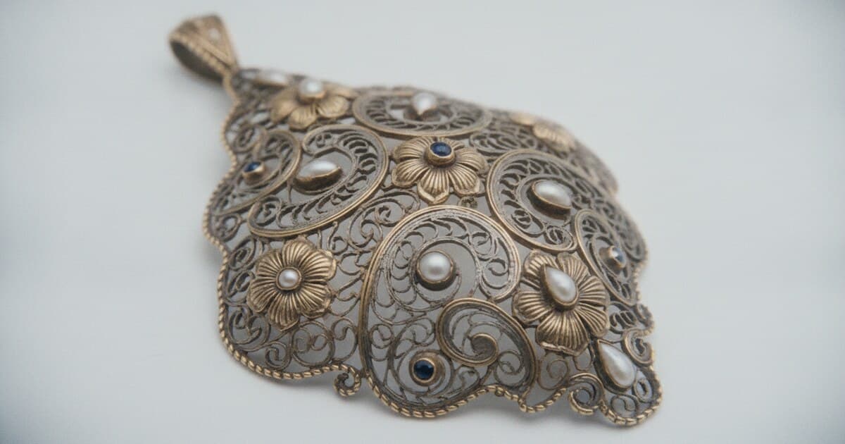 Close-up of antique filigree jewelry showing intricate silver wire scrollwork