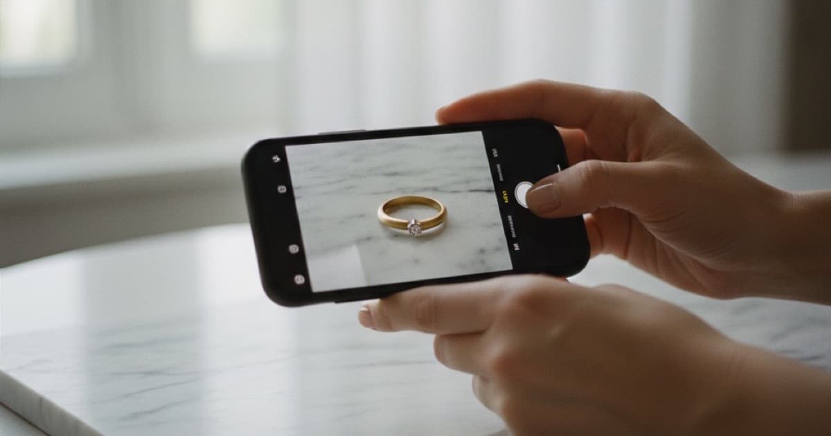 Hands holding a smartphone photographing a gold ring on a white marble surface
