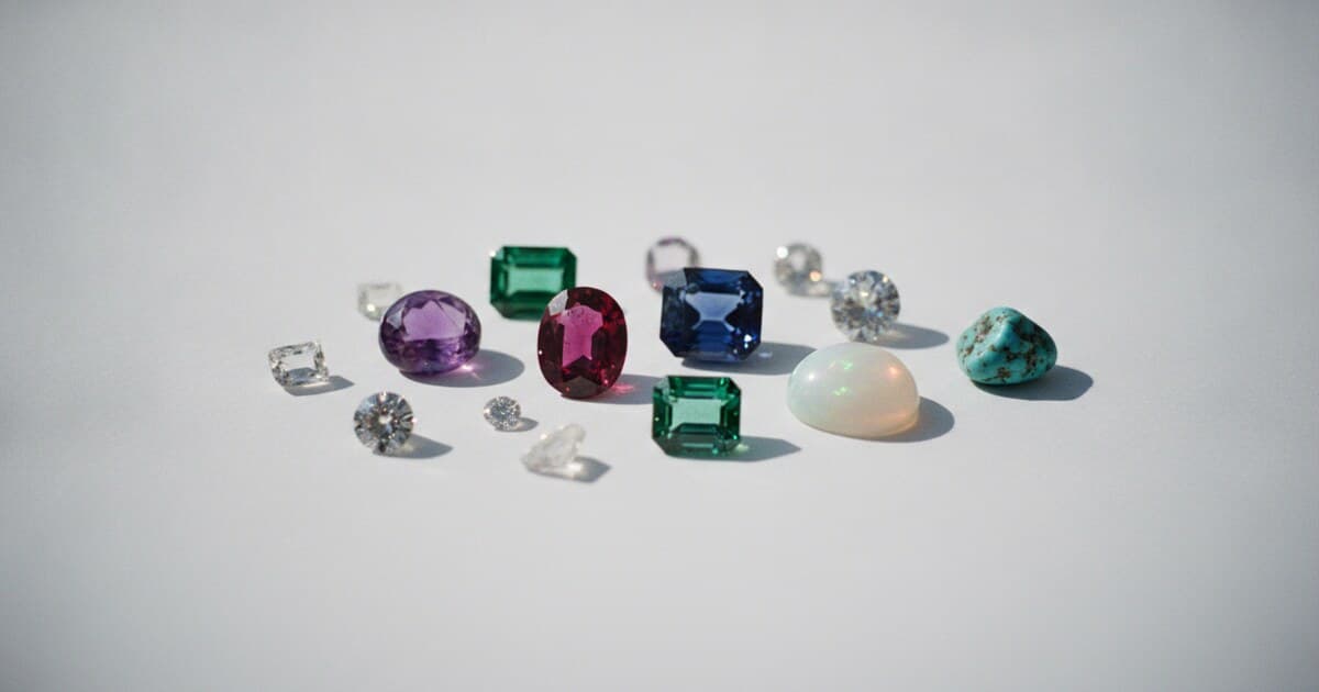 Assortment of colorful cut gemstones on white background including ruby, sapphire, emerald, amethyst, and opal