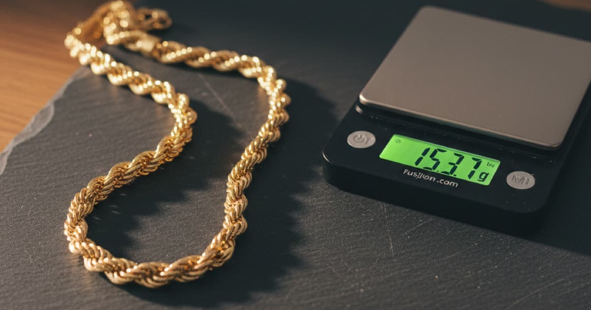 Gold rope chain necklace on dark slate surface next to a digital scale