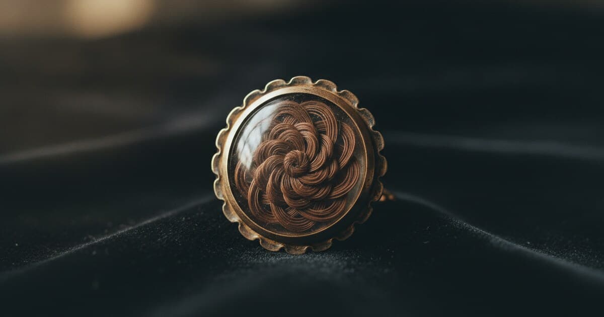 Close-up of a Victorian mourning brooch with braided human hair under a crystal dome