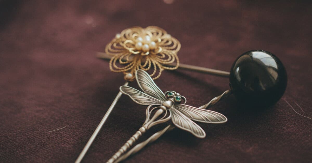 Collection of ornate vintage hat pins including Art Nouveau and Victorian examples arranged on aged velvet background