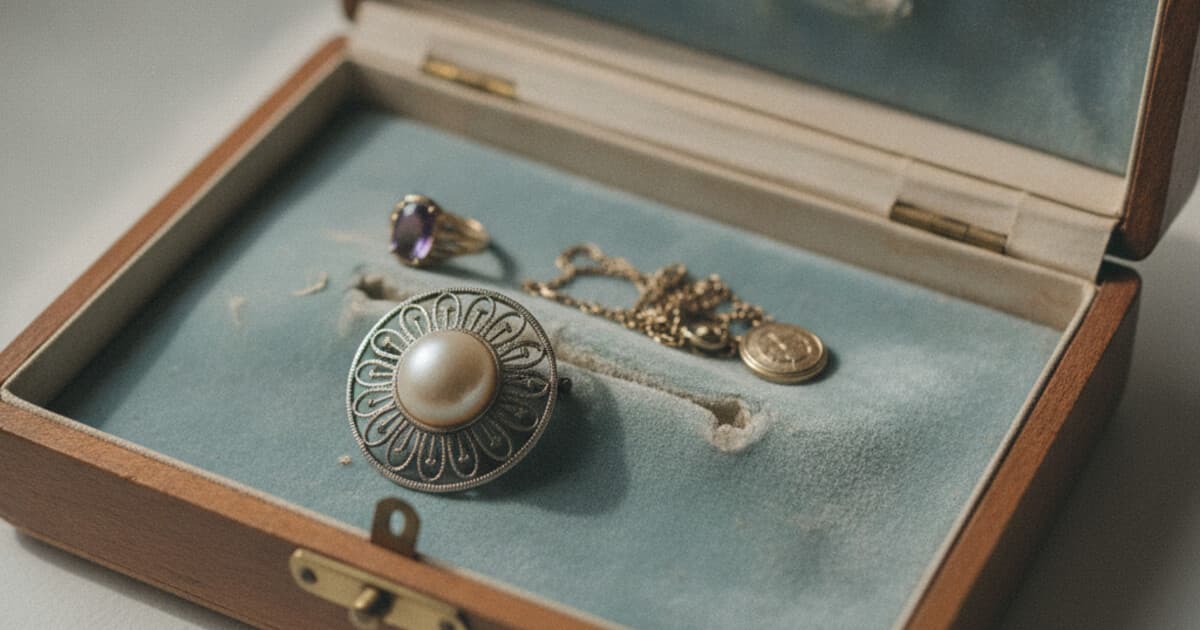 Open antique jewelry box with pearl brooch, gold ring, and chain necklace on faded blue velvet