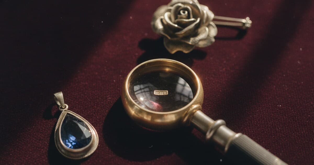 Close-up of a jeweler's loupe resting on a vintage gold ring on dark burgundy velvet, with a silver brooch and gemstone pendant nearby