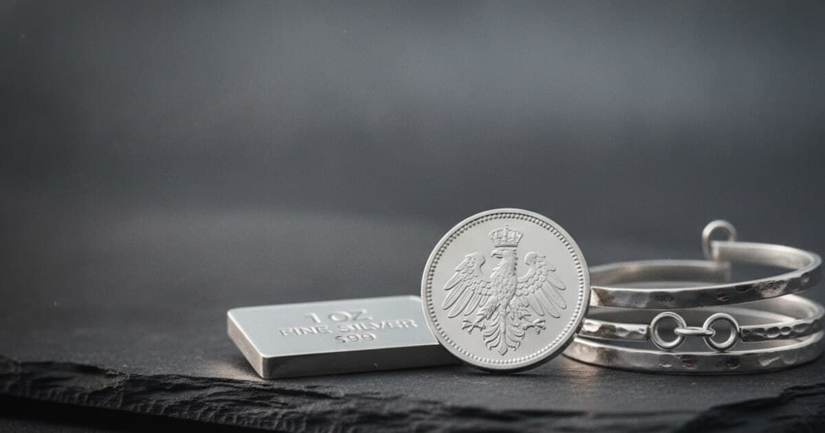 1 oz silver coin and sterling silver bracelet photographed on a dark surface showing silver spot price value
