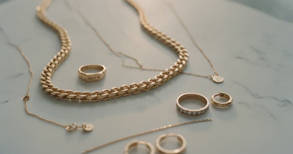 Gold jewelry pieces including a chain necklace and ring arranged on white marble, showing visible hallmark stamps and warm editorial lighting