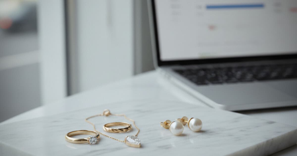 Assorted gold jewelry pieces on a white surface next to a laptop displaying eBay sold listings with price data