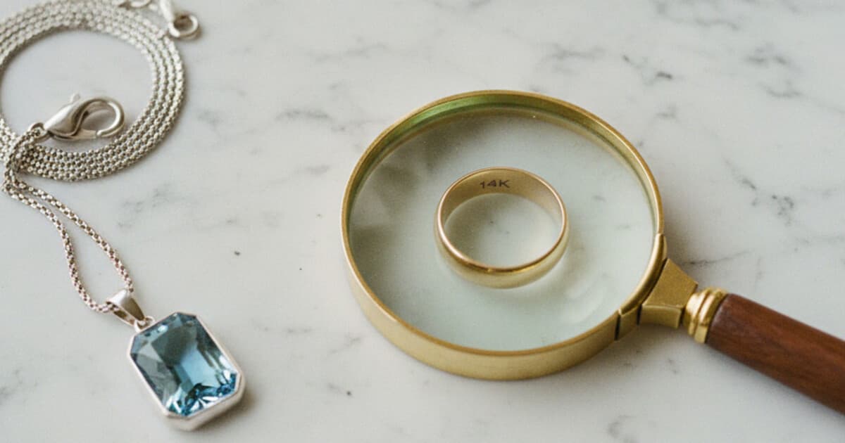 Assorted jewelry pieces on white marble with a magnifying glass examining hallmark stamps