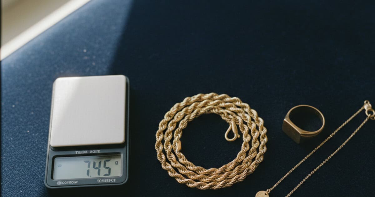 Gold jewelry pieces on a dark navy velvet surface next to a digital scale