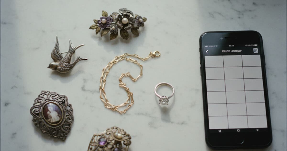 Overhead flat lay of gold jewelry, a diamond ring, and vintage brooches on a white marble surface beside a smartphone