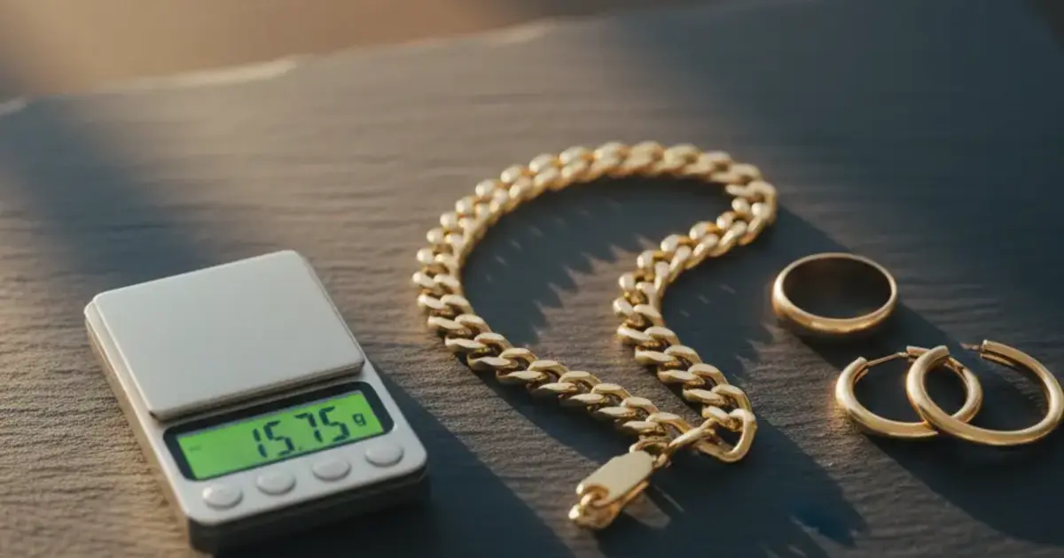 Gold jewelry pieces on a dark surface with a jewelry scale