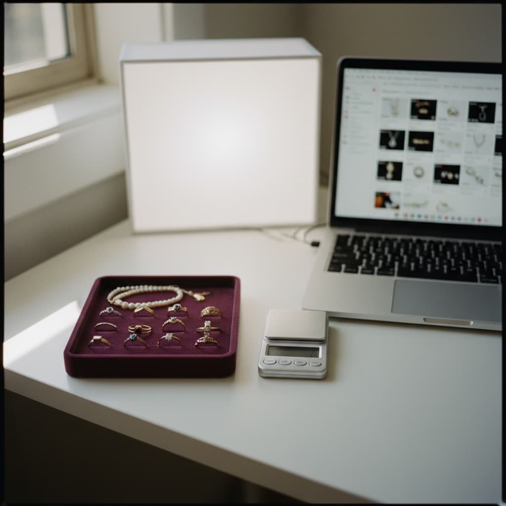 Jewelry selling workspace with gold rings on a velvet tray next to a laptop and jewelry scale