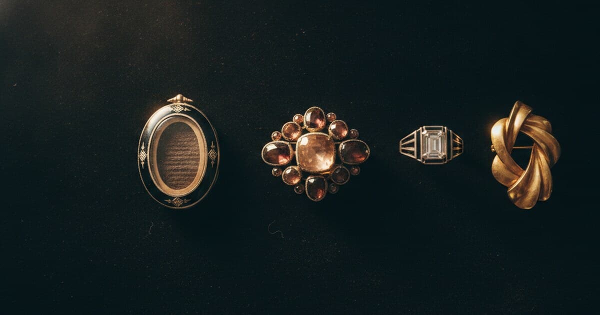 Flat lay of antique and vintage jewelry pieces from different eras on dark velvet, including a Georgian brooch, Victorian locket, and Art Deco ring
