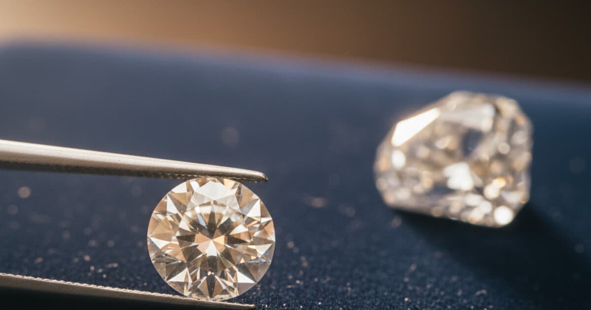 Loose brilliant-cut diamond examined with a jeweler's loupe on dark velvet surface