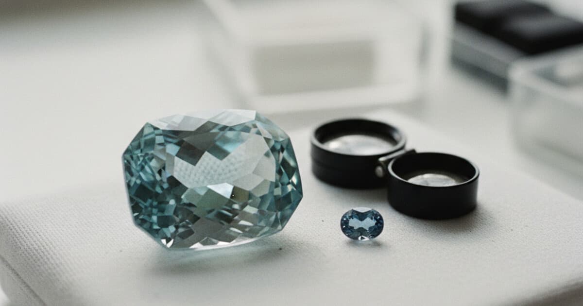 Faceted aquamarine gemstone next to a loupe on a white jeweler's cloth