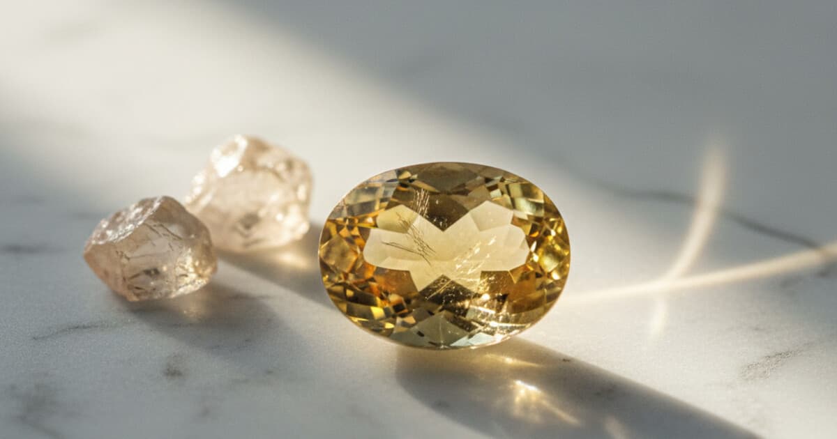 Faceted yellow citrine gemstone on white marble with golden light refracting through the stone