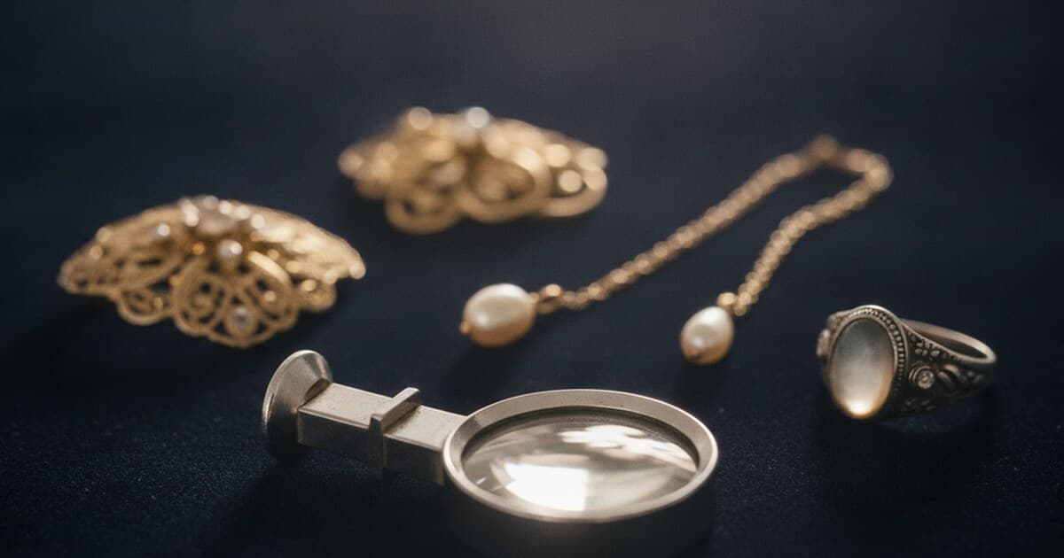 Vintage jewelry pieces including a gold brooch, pearl pendant, and antique ring arranged on dark navy velvet with a jeweler's loupe