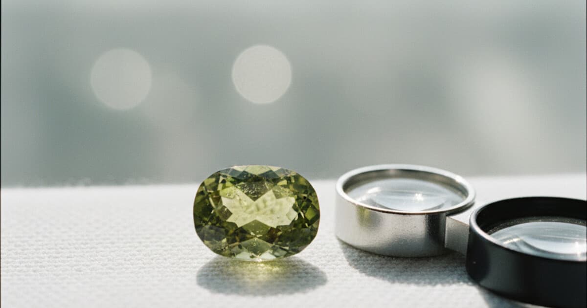 Peridot gemstone close-up showing warm olive-green color on a white jeweler's cloth with a 10x loupe